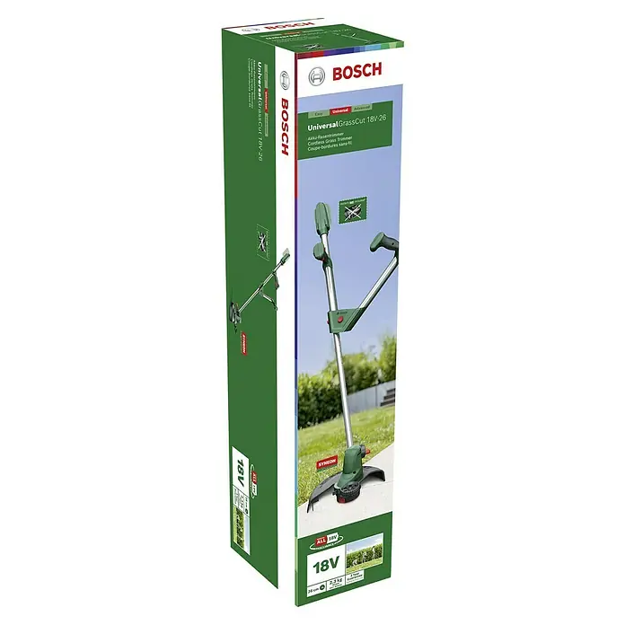 Bosch Power for All 18V Akku-Rasentrimmer UniversalGrassCut 18V-26 - 18 V, 2,5 Ah, 1 Akku - Kartonverpackung des Akku-Rasentrimmers Bosch UniversalGrassCut 18V-26 mit Produktbildern und Logos.