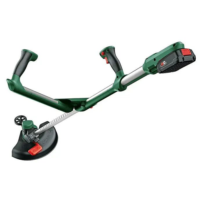 Bosch Power for All 18V Akku-Rasentrimmer UniversalGrassCut 18V-26 - 18 V, 2,5 Ah, 1 Akku - Aufsicht des Bosch Akku-Rasentrimmers mit Doppelgriff und Schneidschutz für präzise Rasenpflege.