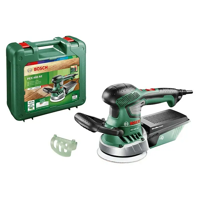 Bosch Exzenterschleifer PEX 400 AE - 350 W, Durchmesser Schleifteller: 125 mm - Abbildung eines Bosch PEX 400 AE Exzenterschleifers mit Schleifscheibe, Zusatzgriff, Staubbox und Transportkoffer.