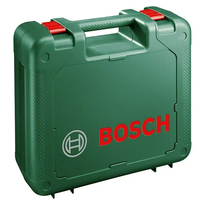 Bosch Exzenterschleifer PEX 400 AE - 350 W, Durchmesser Schleifteller: 125 mm - Grüne Bosch Werkzeugkiste mit roten Verschlüssen. Die Kiste hat einen Tragegriff und das Bosch Logo auf der Vorderseite.
