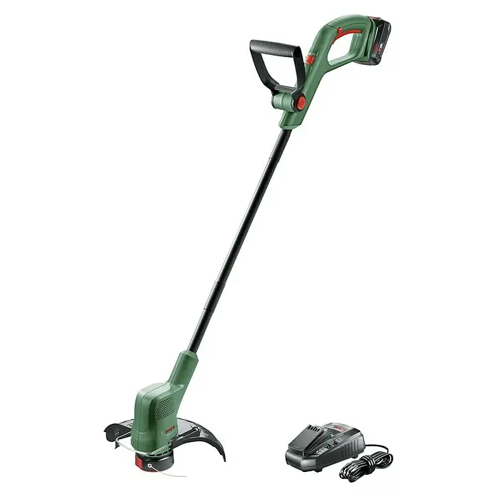 Bosch Power for All 18V Akku-Rasentrimmer EasyGrassCut 18V-260 - 18 V, 2 Ah, 2 Akkus - Das Bild zeigt einen Akku-Rasentrimmer von Bosch mit Ladegerät. Der Trimmer ist grün und hat einen schwarzen Schaft.