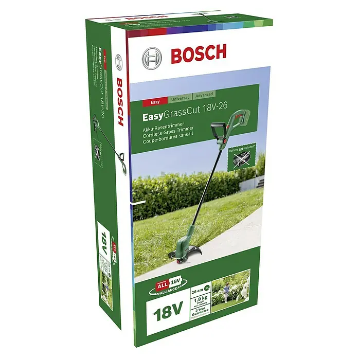 Bosch Power for All 18V Akku-Rasentrimmer EasyGrassCut 18V-26 - 18 V, 2,5 Ah, Ohne Akku - Abbildung einer Verpackung des Bosch EasyGrassCut 18V-26 Akku-Rasentrimmers.
