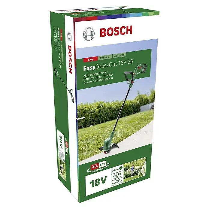 Bosch Power for All 18V Akku-Rasentrimmer EasyGrassCut 18V-260 - 18 V, 2 Ah, 2 Akkus - Kartonverpackung des Bosch EasyGrassCut 18V-26 Akku-Rasentrimmers mit Produktbild und technischen Details.