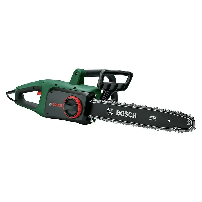 Bosch Elektro-Kettensäge UniversalChain 35 - 1.800 W, Schwertlänge: 35 cm - Eine grüne Bosch Elektro-Kettensäge mit schwarzem Schwert und grauer Kette für Holzarbeiten im Garten oder auf der Baustelle.