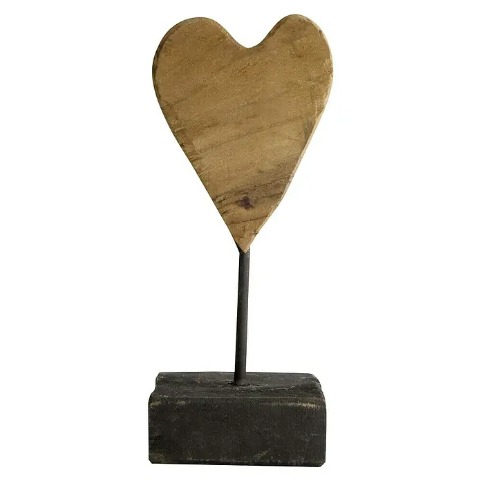 Dekofigur Teakherz - L x B x H: 11 x 10 x 26 cm, Holz - Herzförmige Holzdekoration auf einem dunklen Sockel, perfekt für rustikale Akzente und als liebevolle Dekoration im Wohnbereich.