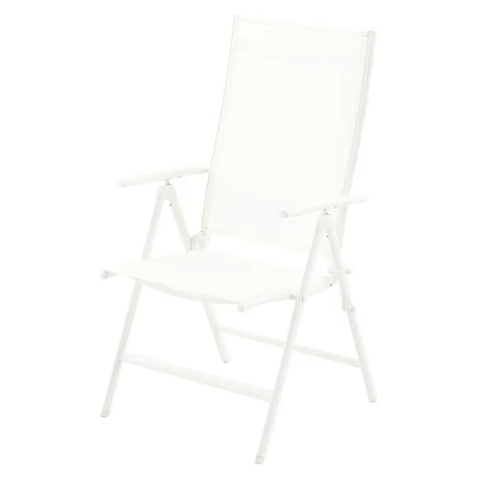 Sillón de posiciones Lea - Blanco, Respaldo regulable - Una silla de patio blanca y plegable con reposabrazos y un respaldo alto, ideal para el jardín o la terraza.
