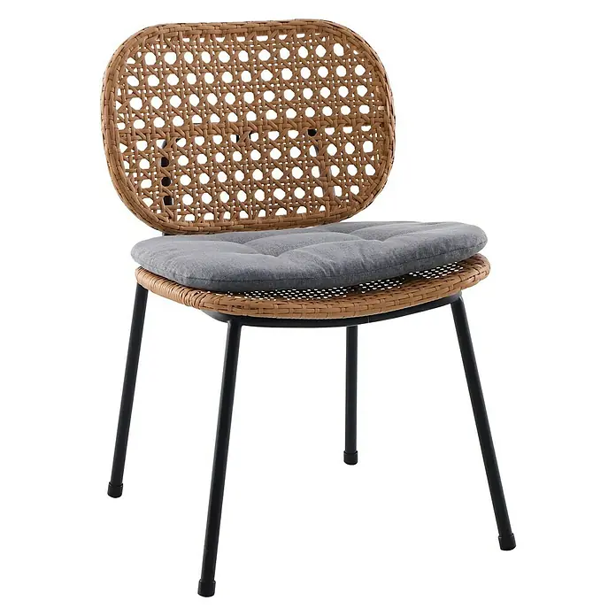 Sunfun Melina Gartenstuhl - Polyethylen, Polypropylen, Stapelbar, Braun, B x T x H: 54 x 59 x 82 cm - Ein Rattanstuhl mit grauem Kissen bietet Komfort und Stil. Die schwarzen Metallbeine sorgen für Stabilität und einen modernen Look.