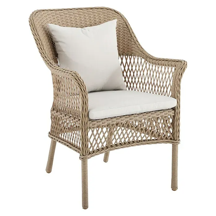 Sunfun Sillón de jardín Sophie - An x Pr x Al: 64 x 65,5 x 87,5 cm, Beige, Caramelo, Apilable - Una elegante silla de mimbre con cómodos cojines blancos, ideal para relajarse en interiores o exteriores.