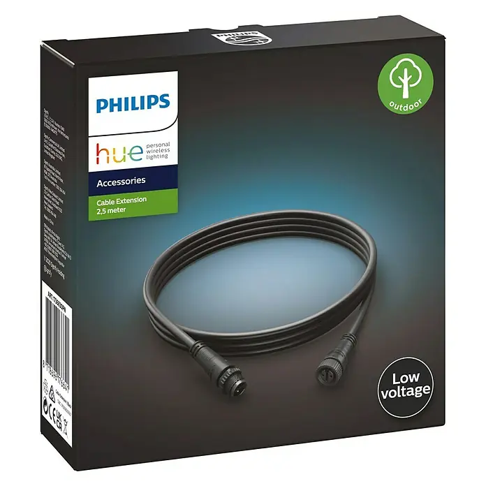 Philips Hue Verlängerungskabel - Schwarz, 2,5 m, IP67 - Produktverpackung für ein Philips Hue Outdoor-Verlängerungskabel mit 2,5 Metern Länge, ideal zur Erweiterung der Beleuchtung im Garten.