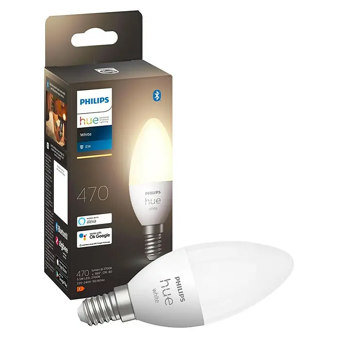 Philips Hue Smart-LED-Lampen Set White - E14, Dimmbar, Warmweiß, 470 lm, 5,5 W, Kerze, 1 Stk. - Das Bild zeigt eine Philips Hue White E14 LED-Lampe, die in einer Originalverpackung und separat daneben platziert ist.