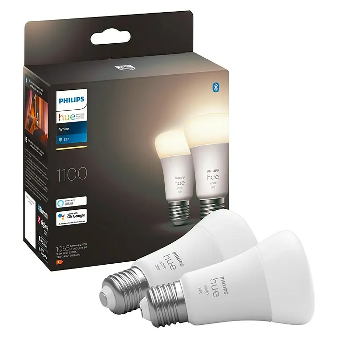 Philips Hue Smart-LED-Lampen Set White - E27, Dimmbar, Warmweiß, 1.055 lm, 9,5 W, 2 Stk. - Produktbild einer Philips Hue White 1100 Glühbirne, die intelligente Beleuchtung für Ihr Zuhause bietet und einfach zu installieren ist.