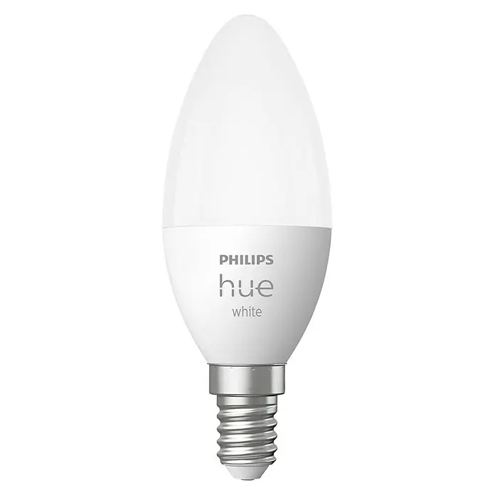 Philips Hue Smart-LED-Lampen Set White - E14, Dimmbar, Warmweiß, 470 lm, 5,5 W, Kerze, 1 Stk. - Nahaufnahme einer Philips Hue White Kerzenlampe mit E14-Sockel, die intelligentes, dimmbares Licht für Ihr Zuhause bietet.