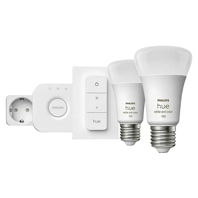 Philips Hue Smart-LED-Lampen-Set White & Color Ambiance - E27, Dimmbar, Warmweiß, 806 lm - 1.055 lm, 9 W - Das Philips Hue White and Color Ambiance Starter Kit mit zwei Glühbirnen, Dimmschalter und Bridge für ein smartes Zuhause.