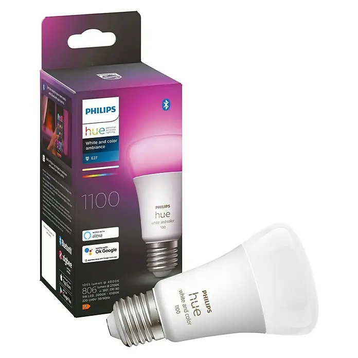 Philips Hue Set de bombillas LED inteligentes White & Color - E27, Intensidad regulable, RGBW, 1.100 lm, 9 W, 1 ud. - Bombilla inteligente Philips Hue White & Color Ambiance (E27, 1100 lúmenes) con embalaje. Iluminación personalizable para el hogar.