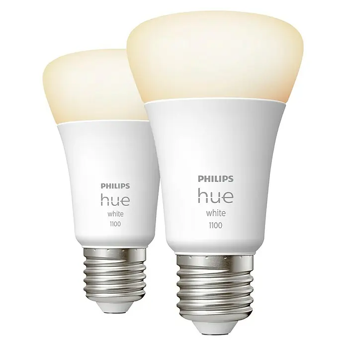 Philips Hue Smart-LED-Lampen Set White - E27, Dimmbar, Warmweiß, 1.055 lm, 9,5 W, 2 Stk. - Abbildung zweier Philips Hue White 1100 Glühbirnen, die warmes Licht ausstrahlen, ideal für eine gemütliche Atmosphäre in jedem Raum.
