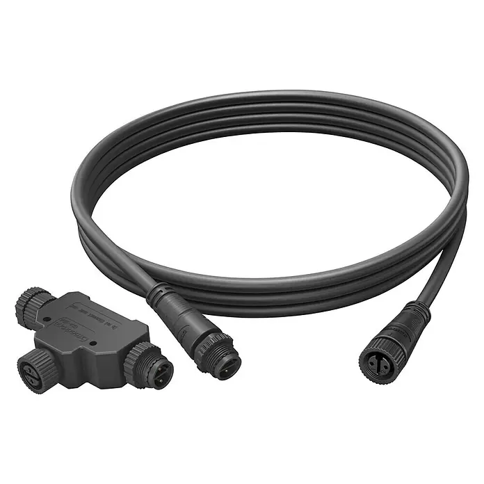 Philips Hue Verlängerungskabel OutdoorSchwarz, 250 cm - Ein schwarzes, mehradriges Kabel mit einem T-Stück-Verbinder und zwei Steckverbindern für elektrische Verbindungen.
