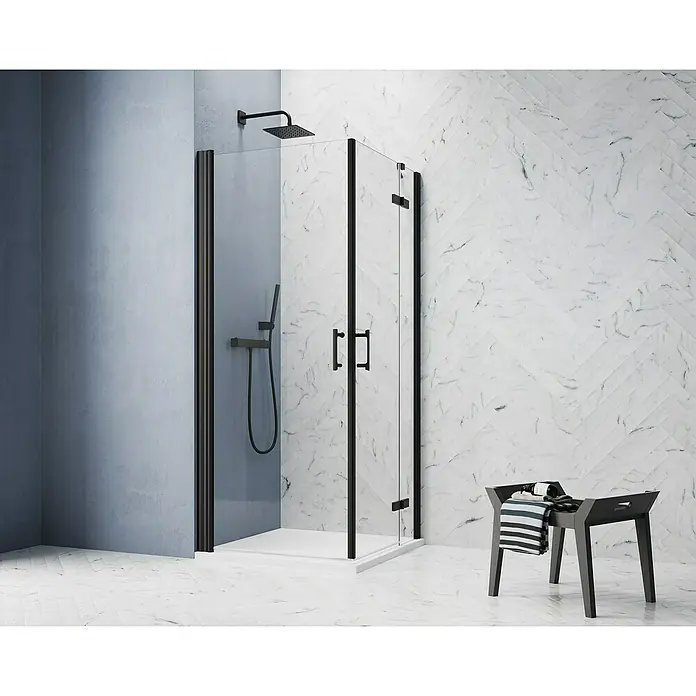 GEO Hit Pro Eckdusche B-PE130 - 80 x 100 x 202,2 cm, Beschichtet, Schwarz, Glasstärke: 6 mm - Elegante Duschkabine mit schwarzem Rahmen und klarem Glas, die ein modernes Badezimmerdesign ergänzt.