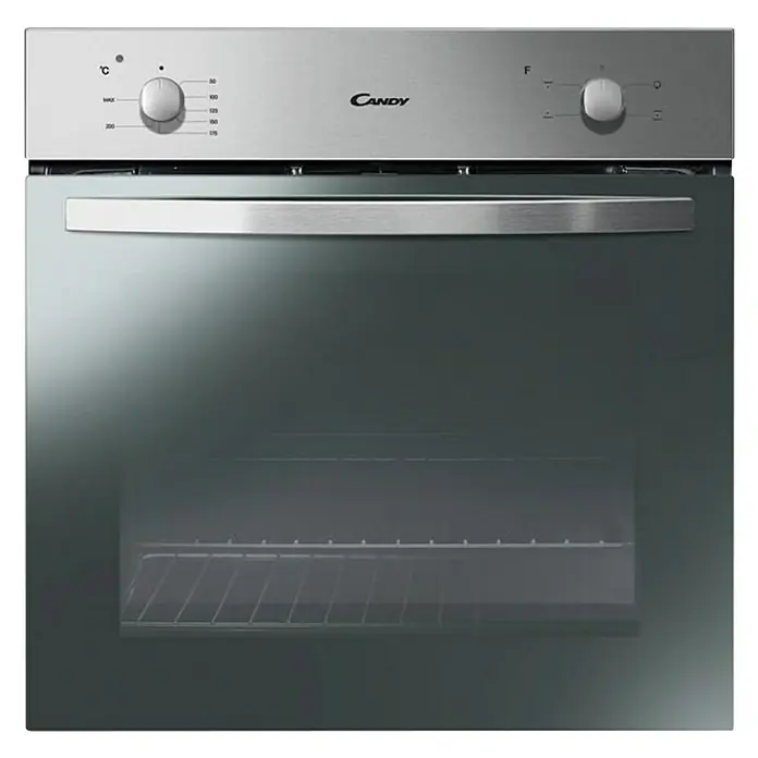 Marinelli Cucine Vormontierte Küchenzeile Rita - Breite: 240 cm, Eiche Grau, Mit Elektrogeräten - Abbildung eines Candy-Einbaubackofens in Edelstahl mit Temperaturregler und Glastür.