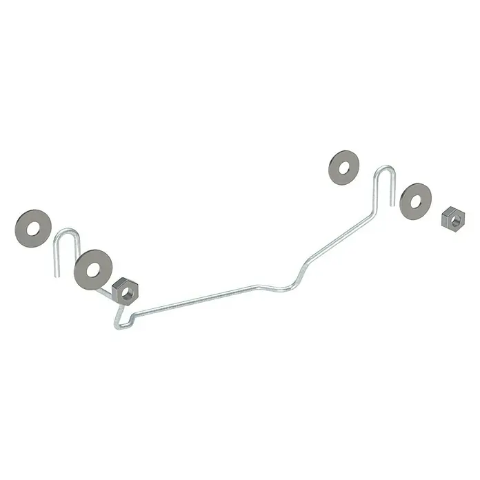 Geberit Befestigungszubehör Kerafix - Stahl, Passend für: Geberit Wachtisch-Halbsäulen - Die Abbildung zeigt einen Befestigungsbügel mit Unterlegscheiben und Muttern. Das Produkt dient zur sicheren Befestigung von Objekten.