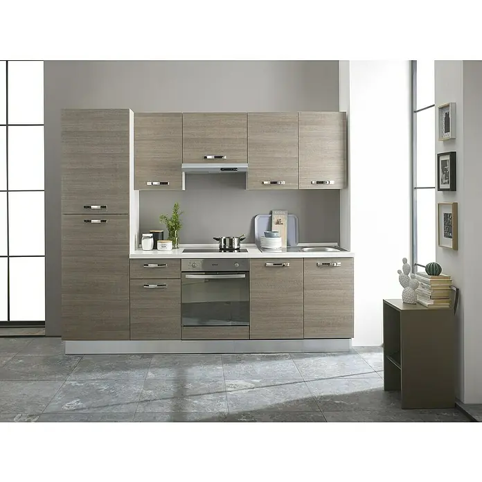 Marinelli Cucine Vormontierte Küchenzeile Rita - Breite: 240 cm, Eiche Grau, Mit Elektrogeräten - Helle Holzküche mit Einbauschränken, Herd und Spüle. Die Küche bietet viel Stauraum und eine moderne Optik.