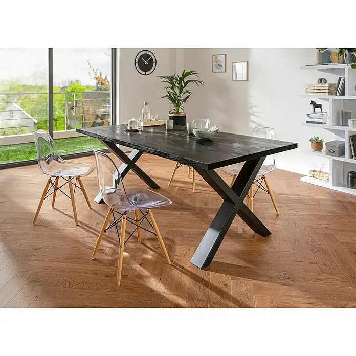 Exclusivholz Tischplatte Esche Salzburg - Esche, 200 x 100 x 4 cm - Dieser Esstisch aus dunklem Holz mit transparenten Stühlen ist ein echter Hingucker in jedem Esszimmer.