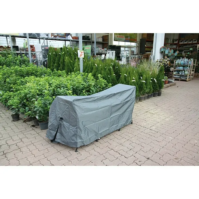 SENSUM Balkon-Set-Schutzhülle - Polyester, Grau, 140 g/m² - Eine graue Schutzhülle für Gartenmöbel, die eine Bank oder ähnliches Möbelstück im Freien vor Witterungseinflüssen schützt.