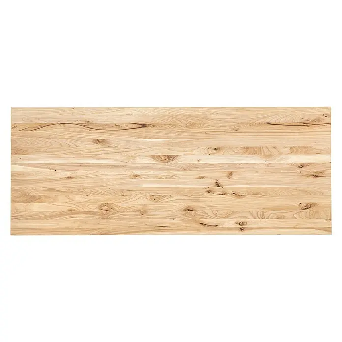 Tischplatte Rustic - Ulme, 200 x 80 x 2,7 cm - Nahaufnahme einer hellen Holzplatte mit sichtbarer Maserung und Astlöchern. Ideal für rustikale Möbel und dekorative Elemente.