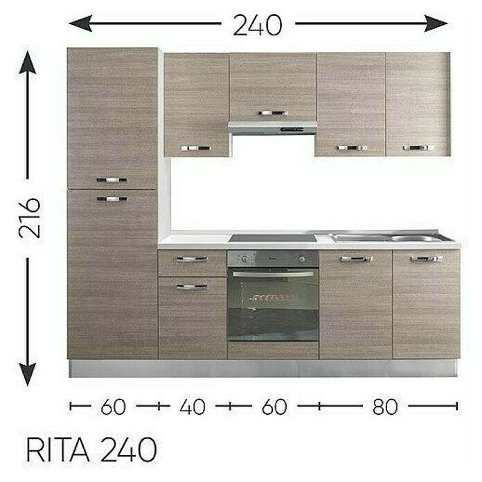 Küchenzeile RitaBreite: 240 cm, Mit Elektrogeräten, Eiche Grau-Nachbildung Sketch