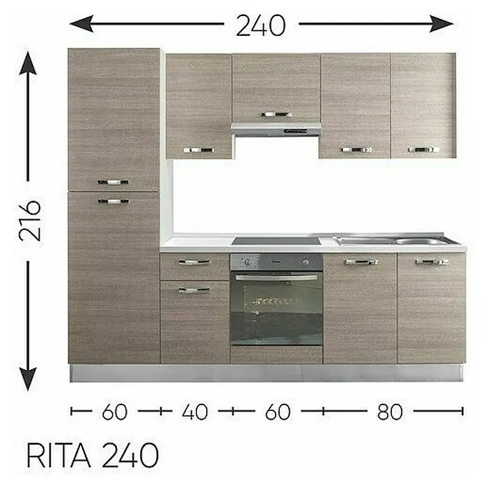 Marinelli Cucine Vormontierte Küchenzeile Rita - Breite: 240 cm, Eiche Grau, Mit Elektrogeräten - Küchenzeile RITA 240 mit grau-braunen Holzfronten und Maßen zur Planung, ideal für moderne Küchen.