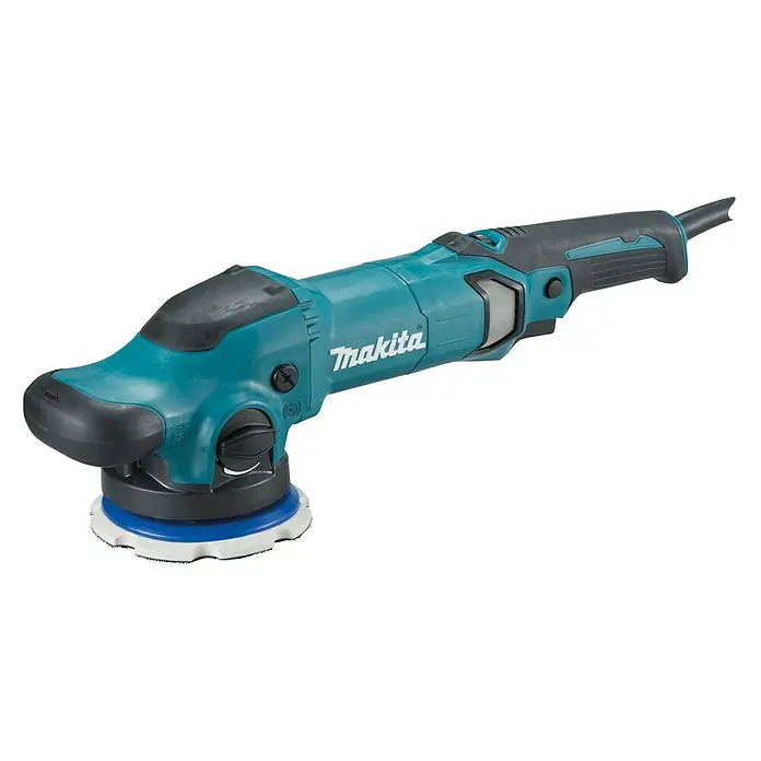 Makita Rotationspolierer PO5000C - 900 W, Durchmesser Scheibe: 125 mm - Akku-Poliermaschine von Makita in auffälligem Türkis und Schwarz, ideal für professionelle Polierarbeiten.