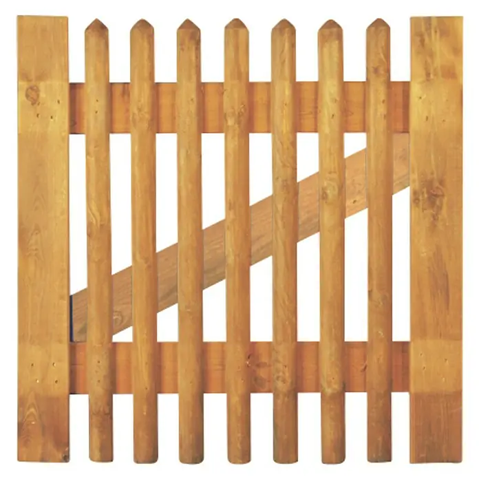 T & J Zauntor - 100 x 100 cm, Holz - Nahaufnahme eines Holzzauns mit diagonalem Verstrebungselement und abgerundeten Pfosten.