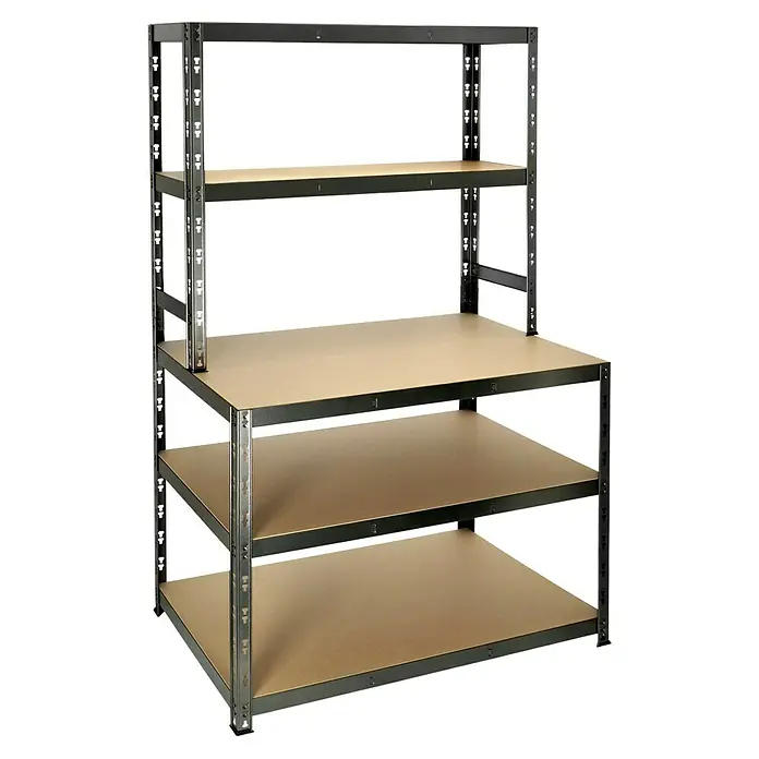 Regalux Stufenregal - H x B x T: 180 x 100 x 60 cm, Traglast pro Boden: 200 kg, Anzahl Böden: 5 Stk., Stecken, Schwarz - Ein robustes, mehrstöckiges Schwerlastregal mit Metallrahmen und Holzregalböden, ideal für Lagerung und Werkstatt.