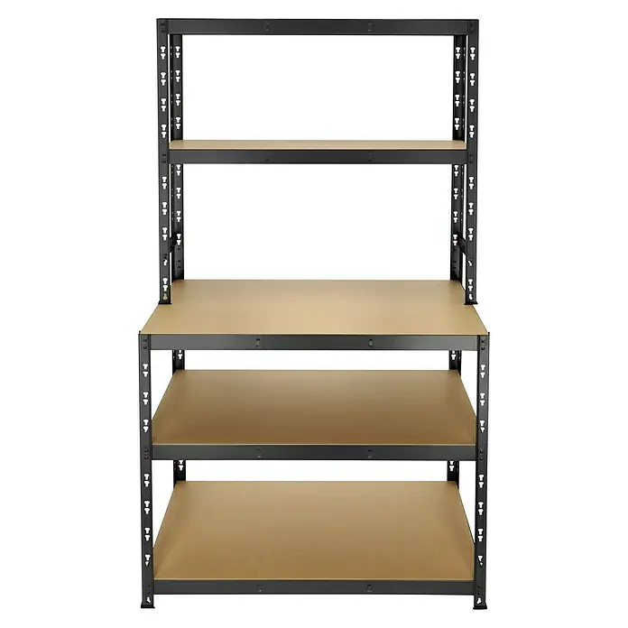 Regalux Stufenregal - H x B x T: 180 x 100 x 60 cm, Traglast pro Boden: 200 kg, Anzahl Böden: 5 Stk., Stecken, Schwarz - Eine Nahaufnahme eines schwarzen Metallregals mit vier Regalböden, die jeweils eine helle Holzoberfläche haben und genügend Stauraum bieten.