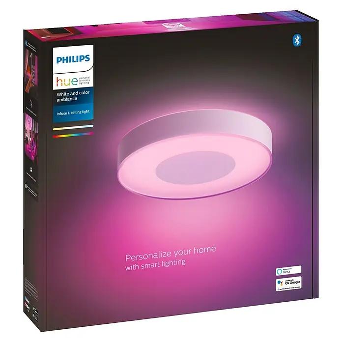 Philips Hue LED-Deckenleuchte rund Infuse - 52,5 W, Ø x H: 42,5 x 8,4 cm, Weiß, Mehrfarbig - Produktverpackung der Philips Hue Infuse L Deckenleuchte mit Farbwechselfunktion für ein intelligentes Beleuchtungserlebnis.