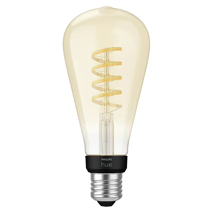 Philips Hue Smart-LED-Lampe White Ambiance Filament - E27, Dimmbar, Warmweiß, 550 lm, 7 W, Lampenbezeichnung: ST72, 1 Stk. - Nahaufnahme einer Philips Hue Edison-Glühbirne, die ein warmes, einladendes Licht ausstrahlt und smarte Technologie mit Vintage-Design verbindet.