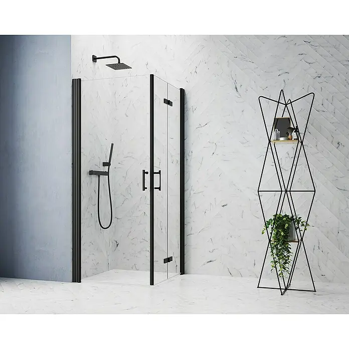 GEO Hit Pro Eckdusche B-PE140 - 100 x 100 x 202,2 cm, Beschichtet, Schwarz, Glasstärke: 6 mm - Elegante Duschkabine mit schwarzen Akzenten und modernem Regal mit Pflanze, die das Badezimmerambiente aufwertet.