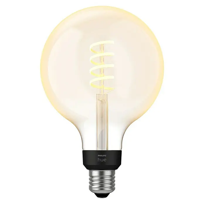 Philips Hue Smart-LED-Lampe White Ambiance Filament - E27, Dimmbar, Warmweiß, 550 lm, 7 W, Lampenbezeichnung: G125, 1 Stk. - Das Bild zeigt eine Philips Hue Filament Lampe mit einem klaren, warmen Farbton und einem gewundenen Glühfaden.
