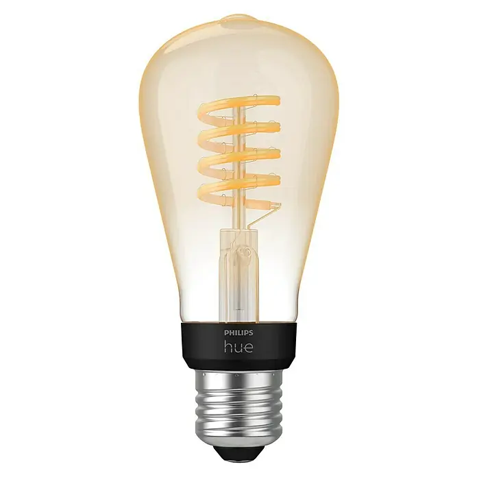 Philips Hue Smart-LED-Lampe White Ambiance Filament - E27, Dimmbar, Warmweiß, 550 lm, 7 W, Lampenbezeichnung: ST64, 1 Stk. - Nahaufnahme einer Philips Hue Filament Lampe, die warmes, dimmbares Licht für eine gemütliche Atmosphäre bietet.