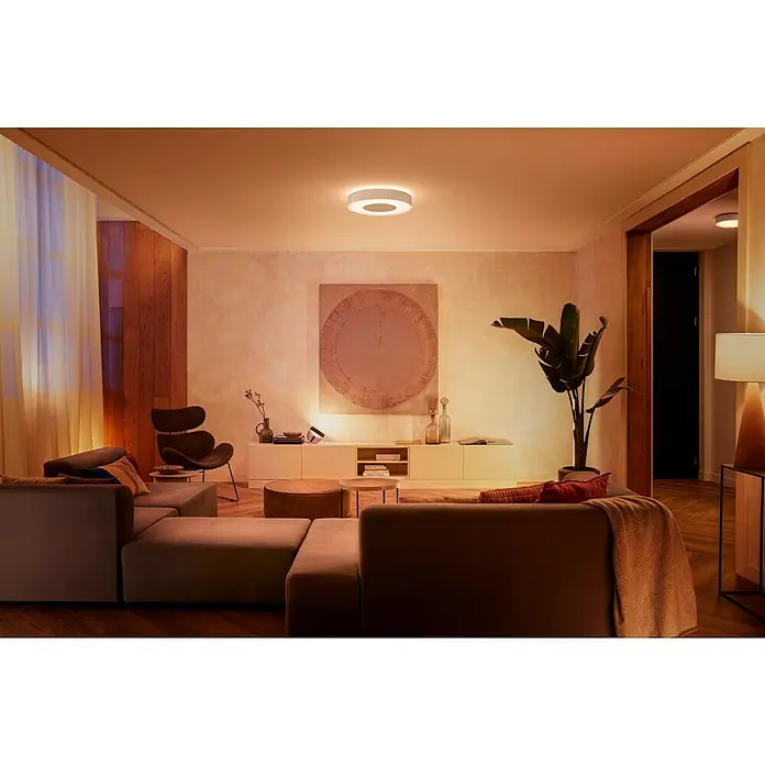 Philips Hue LED-Deckenleuchte rund Infuse - 52,5 W, Ø x H: 42,5 x 8,4 cm, Weiß, Mehrfarbig - Ein modernes Wohnzimmer mit einer stilvollen runden Deckenleuchte, die warmes Licht spendet und eine gemütliche Atmosphäre schafft.