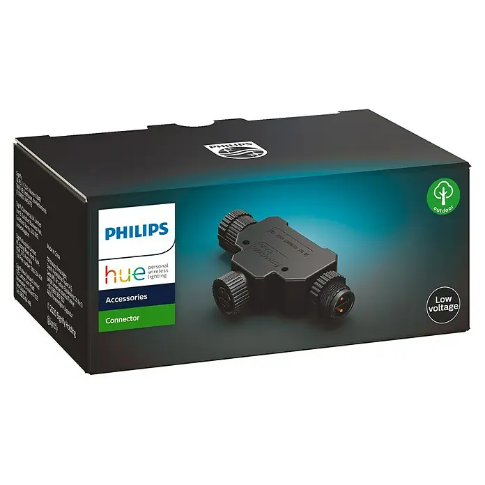 Philips Hue T-Stück für Niedervolt-System - 8,5 x 4,7 x 1,9 cm - Produktfoto einer Philips Hue-Verpackung mit einem Outdoor-Verbinder, der eine einfache Installation und Erweiterung des Beleuchtungssystems ermöglicht.