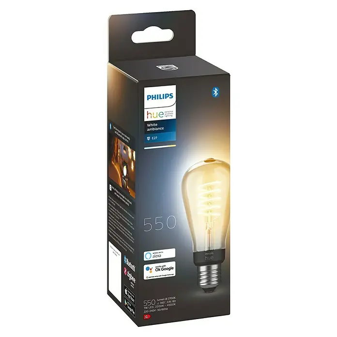 Philips Hue Bombilla LED inteligente White Ambiance Filament - E27, Intensidad regulable, Blanco cálido, 550 lm, 7 W, Denominación de la lámpara: ST64, 1 ud. - Primer plano del embalaje de una bombilla Philips Hue White Ambiance E27 con 550 lúmenes, compatible con Alexa y Google.