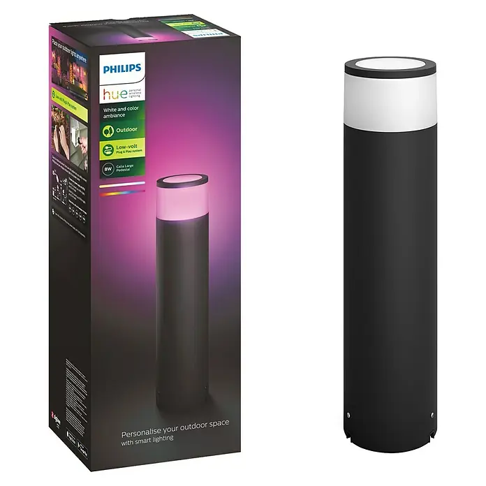 Philips Hue LED-Sockelleuchte Calla White & Color Ambiance8 W, Schwarz, Ø x H: 10,4 x 40 cm - Produktbild einer Philips Hue Calla Large Sockelleuchte für den Außenbereich, die mit intelligentem Licht Ihren Außenbereich personalisiert.