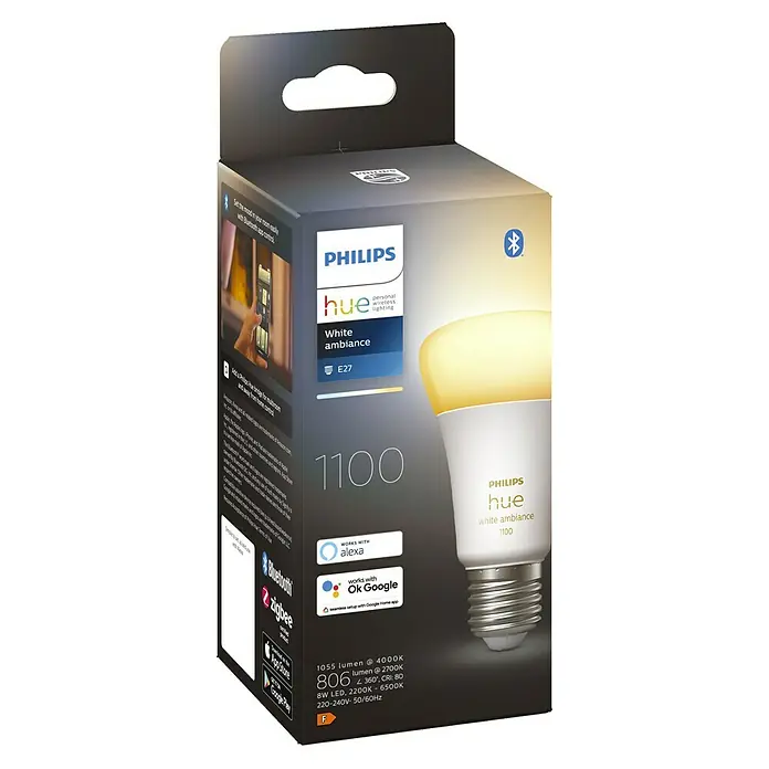 Philips Hue Set de bombillas LED inteligentes White Ambiance - E27, Intensidad regulable, Blanco cálido, 1.100 lm, 8 W, 1 ud. - Embalaje del producto de una bombilla Philips Hue White Ambiance, que ofrece iluminación inteligente con 1100 lúmenes y base E27.