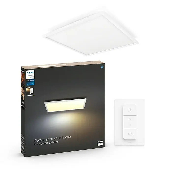 Philips Hue LED-Panel Aurelle - 39 W, L x B x H: 60 x 60 x 4,6 cm, Weiß, Warmweiß - Produktbild der Philips Hue Aurelle Panel Leuchte mit Verpackung und Dimmschalter für stimmungsvolle Beleuchtung im Zuhause.
