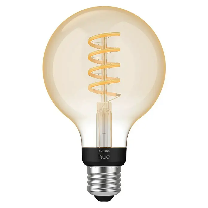 Philips Hue Smart-LED-Lampe White Ambiance Filament - E27, Dimmbar, Warmweiß, 550 lm, 7 W, Lampenbezeichnung: G93, 1 Stk. - Das Bild zeigt eine Philips Hue Filament Lampe mit einer gewundenen Glühbirne im Inneren, die auf einem schwarzen Sockel mit silberfarbenem Schraubsockel sitzt.