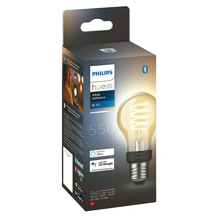 Philips Hue Bombilla LED inteligente White Ambiance Filament - E27, Intensidad regulable, Blanco cálido, 550 lm, 7 W, Denominación de la lámpara: A60, 1 ud. - Primer plano del embalaje de una bombilla Philips Hue White Ambiance E27, que ofrece iluminación inteligente para tu hogar.