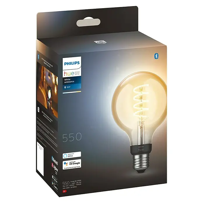 Philips Hue Bombilla LED inteligente White Ambiance Filament - E27, Intensidad regulable, Blanco cálido, 550 lm, 7 W, Denominación de la lámpara: G93, 1 ud. - Embalaje de una bombilla Philips Hue White Ambiance E27 de 550 lúmenes con control inteligente para iluminación ambiental.