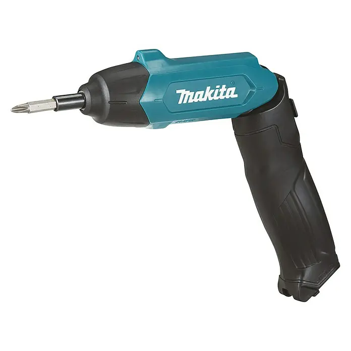 Makita Akku-Knickschrauber DF001DW - 3,6 V, 1 Akku, 4 Nm - Das Bild zeigt einen Makita Akku-Bohrschrauber mit verstellbarem Griff und Bit-Einsatz auf schwarzem Hintergrund.