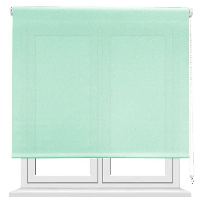 Estor enrollable screen 5% - An x Al: 90 x 250 cm, Verde Mint - Esta imagen muestra una persiana enrollable verde para ventana, que filtra sutilmente la luz y proporciona privacidad, instalada en un marco de ventana.