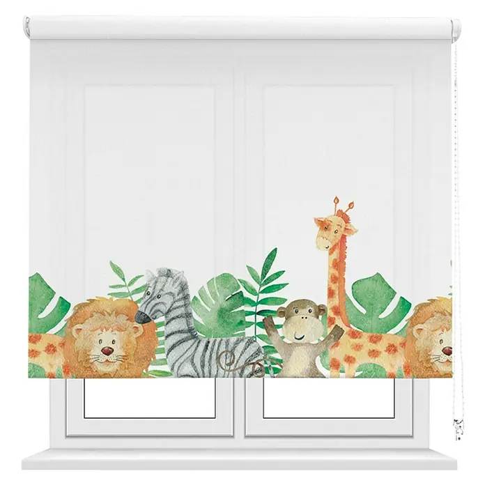 Estor enrollable Zoo - An x Al: 105 x 190 cm, Blanco - Una persiana enrollable de ventana con un diseño de animales de la selva, ideal para habitaciones infantiles, con leones, cebras y jirafas.
